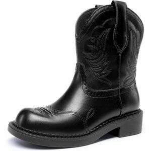 🆕Women Black Cowboy Cowgirl Boots for Women, Round Toe Embroidered Mid Calf